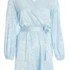 Light Blue Satin Jacquard Wrap Mini Dress