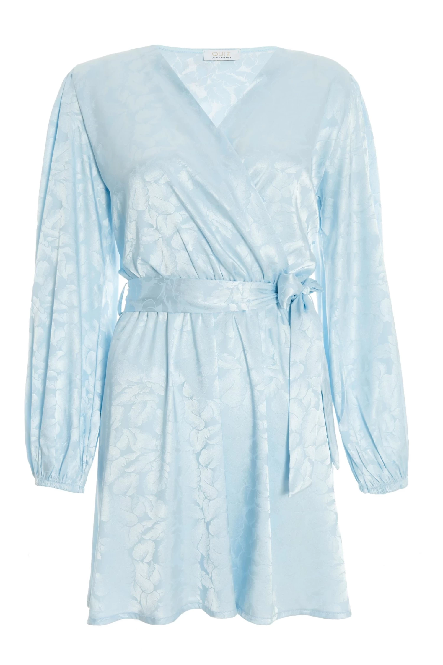 Light Blue Satin Jacquard Wrap Mini Dress 1 Light Blue Satin Jacquard Wrap Mini Dress