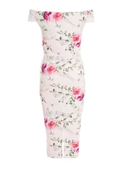 Light Pink Floral Bardot Midi Dress -Women Clothing Sale 00100038109 ZB scaled