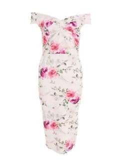 Light Pink Floral Bardot Midi Dress