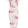 Light Pink Floral Bardot Midi Dress