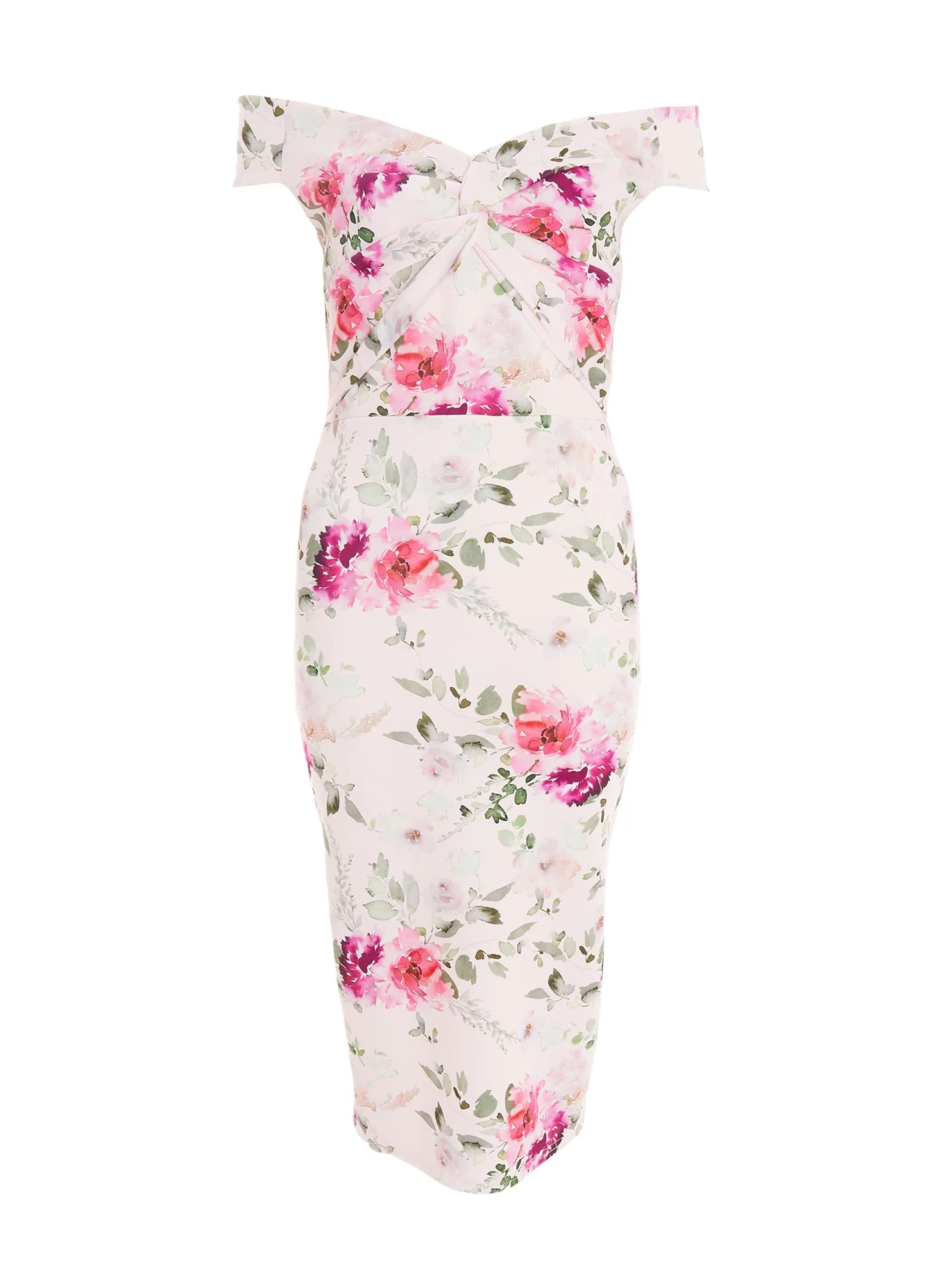 Light Pink Floral Bardot Midi Dress 1 Light Pink Floral Bardot Midi Dress