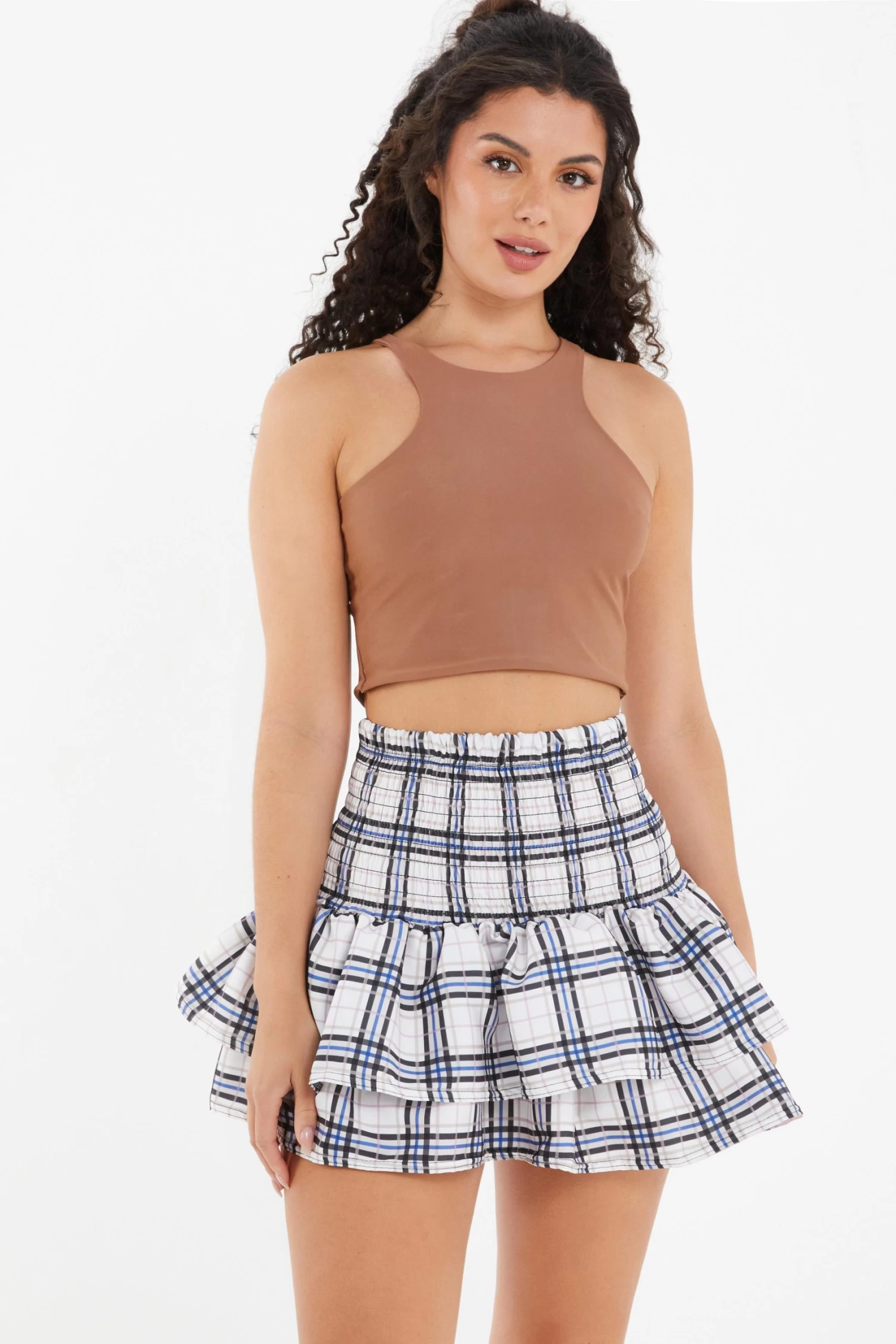 White Check Print Ruched Frill Mini Skirt 2 White Check Print Ruched Frill Mini Skirt - Image 2