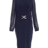Navy Chiffon Sleeve Buckle Midi Dress