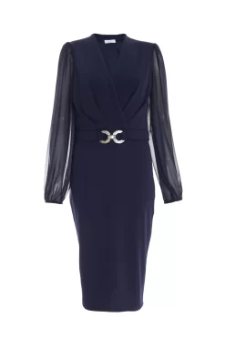 Navy Chiffon Sleeve Buckle Midi Dress