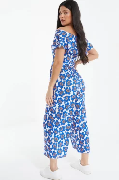 Royal Blue Floral Bardot Jumpsuit -Women Clothing Sale 00100038138 XB scaled