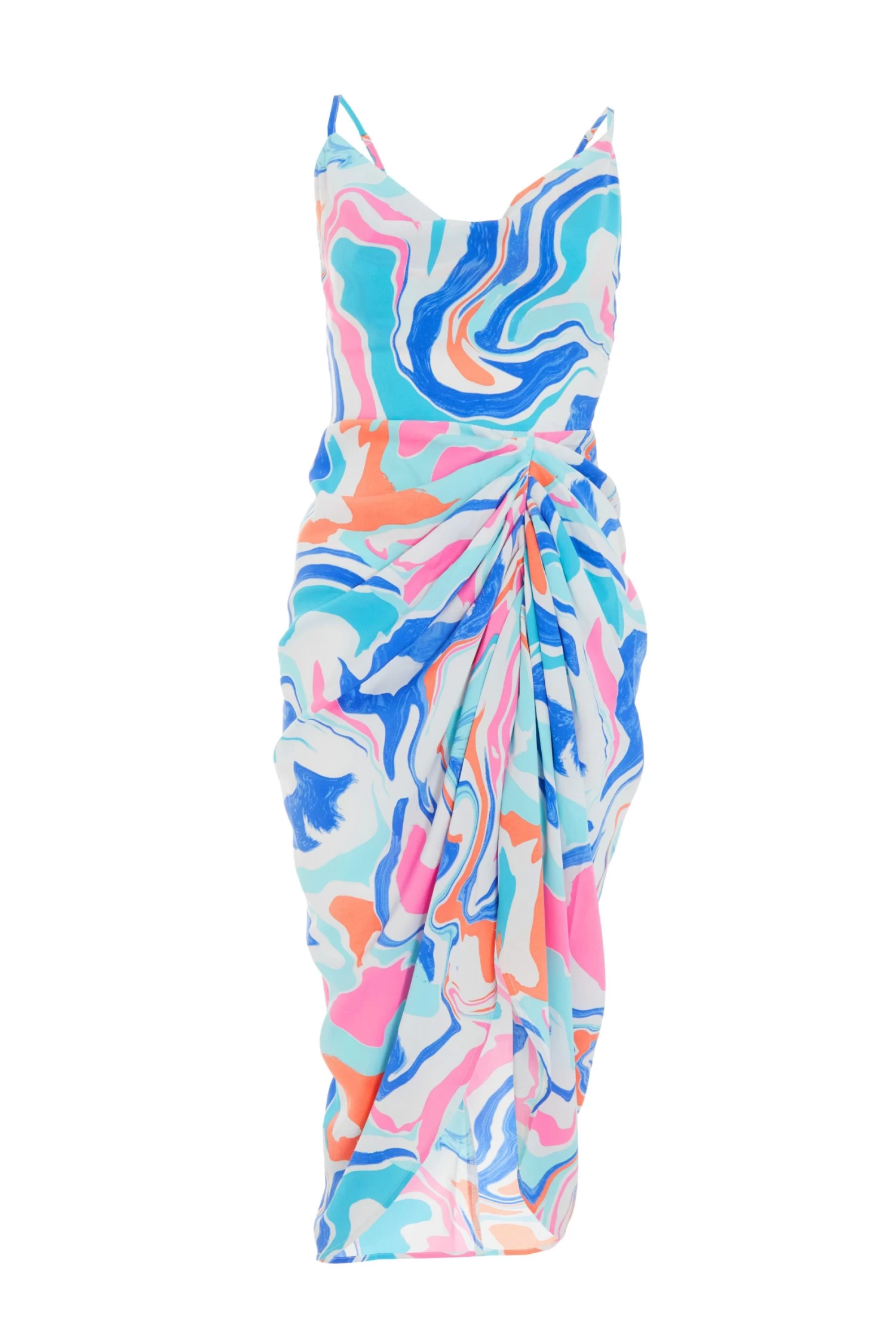 Multicolored Marble Print Ruched Midi Dress 1 Multicolored Marble Print Ruched Midi Dress