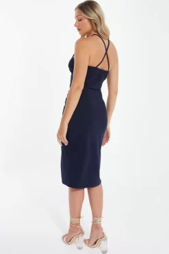 Navy Flower Ruched Midi Dress -Women Clothing Sale 00100038206 XB scaled