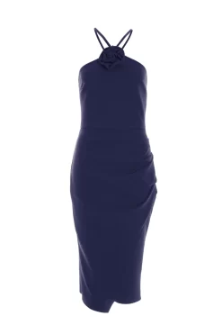 Navy Flower Ruched Midi Dress