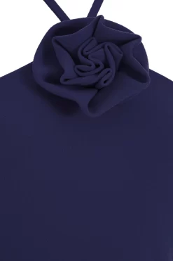 Navy Flower Ruched Midi Dress -Women Clothing Sale 00100038206 ZS scaled