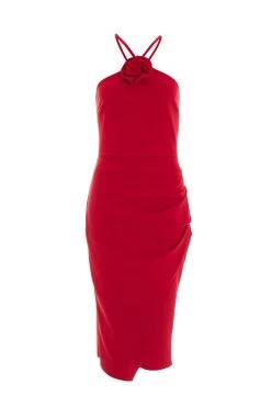 Red Flower Ruched Midi Dress