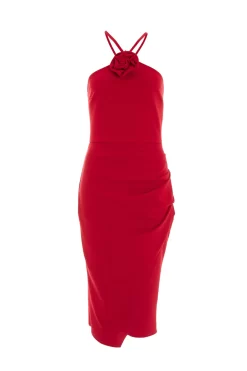 Red Flower Ruched Midi Dress