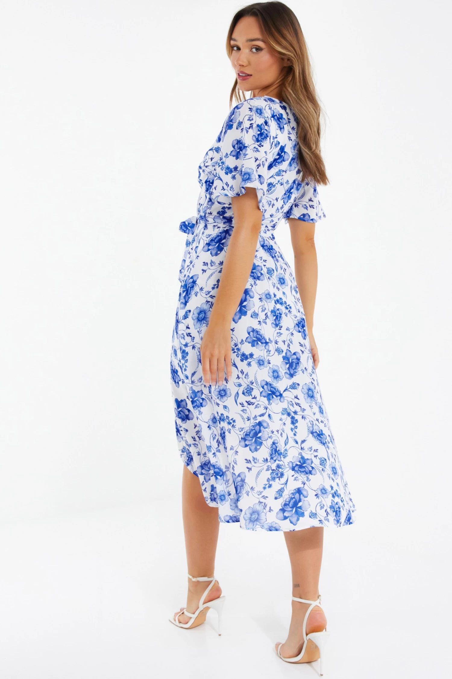 White Floral Wrap Dip Hem Midi Dress 3 White Floral Wrap Dip Hem Midi Dress - Image 3