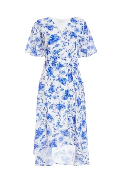 White Floral Wrap Dip Hem Midi Dress