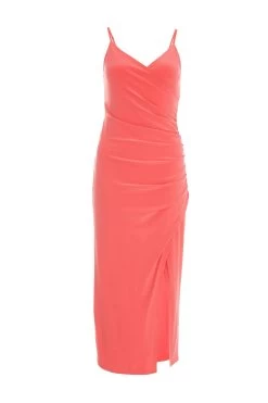 Coral Wrap Split Midi Dress
