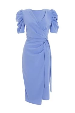 Pale Blue Wrap Puff Sleeve Midi Dress