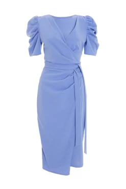 Pale Blue Wrap Puff Sleeve Midi Dress