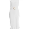 White Asymmetric Frill Bodycon Midi Dress