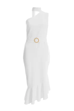 White Asymmetric Frill Bodycon Midi Dress