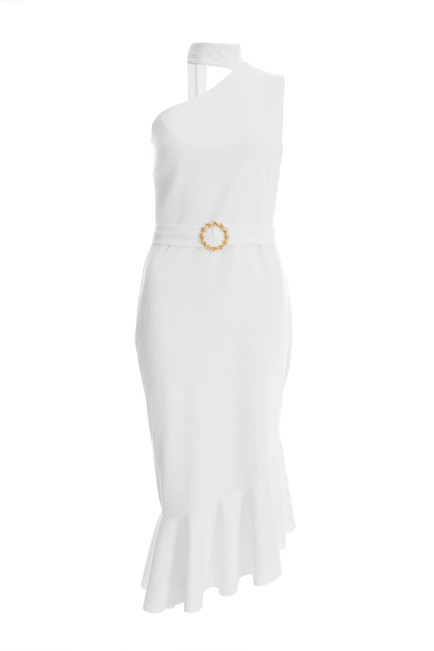 White Asymmetric Frill Bodycon Midi Dress 1 White Asymmetric Frill Bodycon Midi Dress