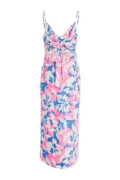 Blue Floral Satin Tie Back Midi Dress -Women Clothing Sale 00100038338 ZB