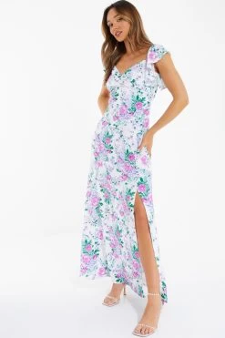 White Floral Split Maxi Dress -Women Clothing Sale 00100038341 XS