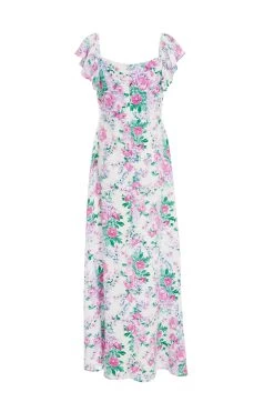 White Floral Split Maxi Dress -Women Clothing Sale 00100038341 ZB