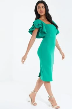 Green Frill Midi Dress -Women Clothing Sale 00100038343 XS