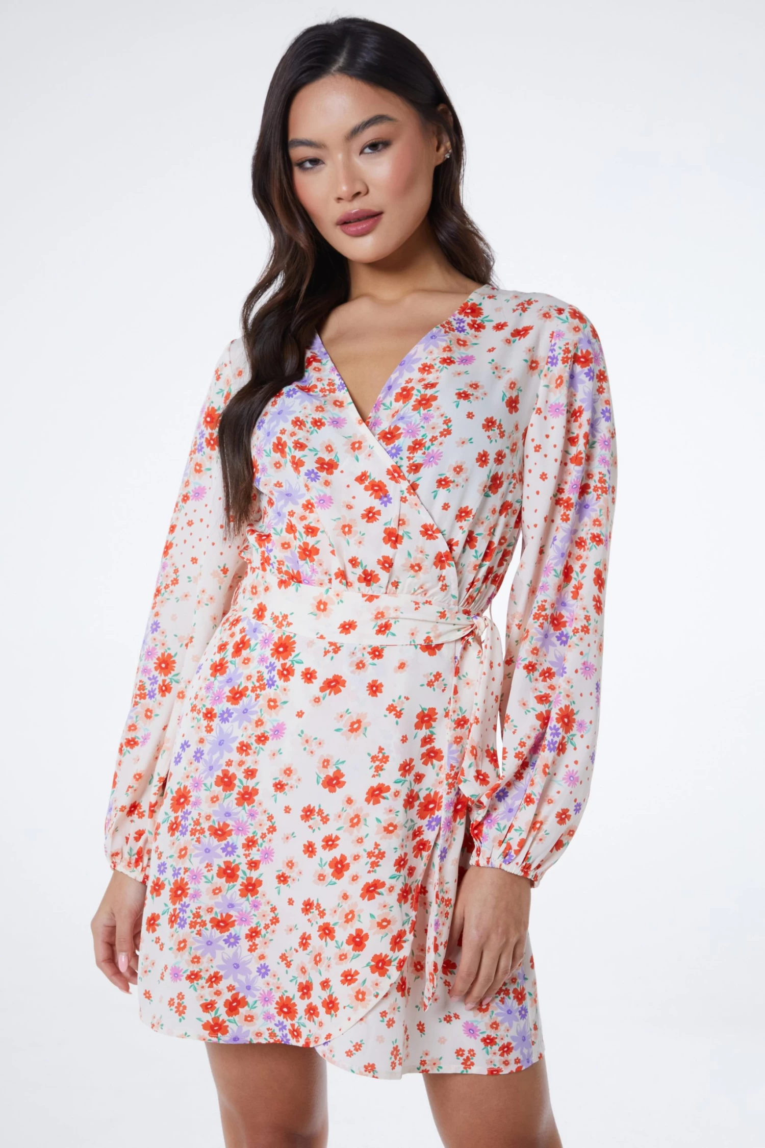 Multicoloured Floral Wrap Tie Mini Dress 2 Multicoloured Floral Wrap Tie Mini Dress - Image 2