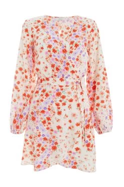 Multicoloured Floral Wrap Tie Mini Dress