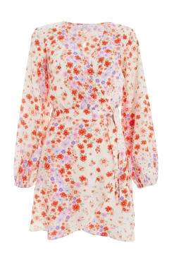 Multicoloured Floral Wrap Tie Mini Dress