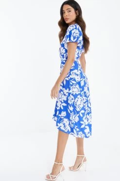 Blue Floral Wrap Dip Hem Midi Dress 8 Blue Floral Wrap Dip Hem Midi Dress -Women Clothing Sale 00100038358 XB