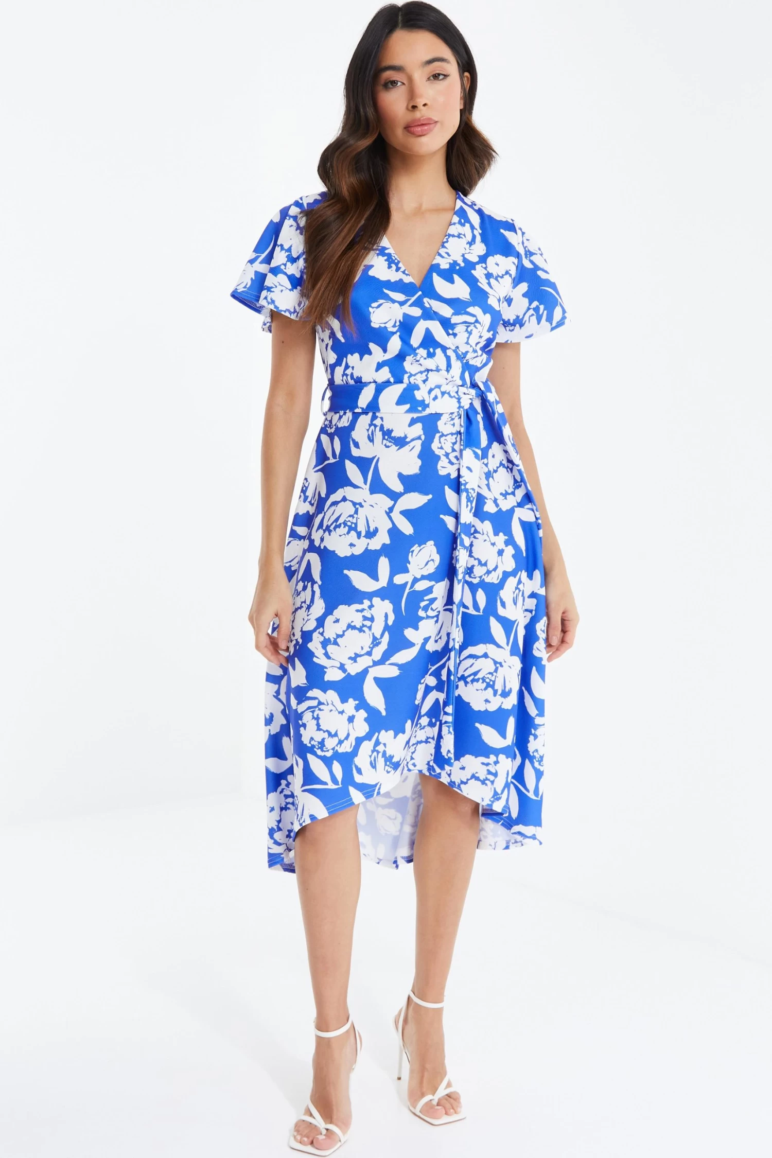 Blue Floral Wrap Dip Hem Midi Dress 2 Blue Floral Wrap Dip Hem Midi Dress - Image 2
