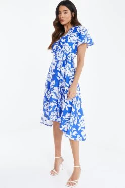 Blue Floral Wrap Dip Hem Midi Dress 9 Blue Floral Wrap Dip Hem Midi Dress -Women Clothing Sale 00100038358 XS