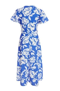 Blue Floral Wrap Dip Hem Midi Dress 10 Blue Floral Wrap Dip Hem Midi Dress -Women Clothing Sale 00100038358 ZB