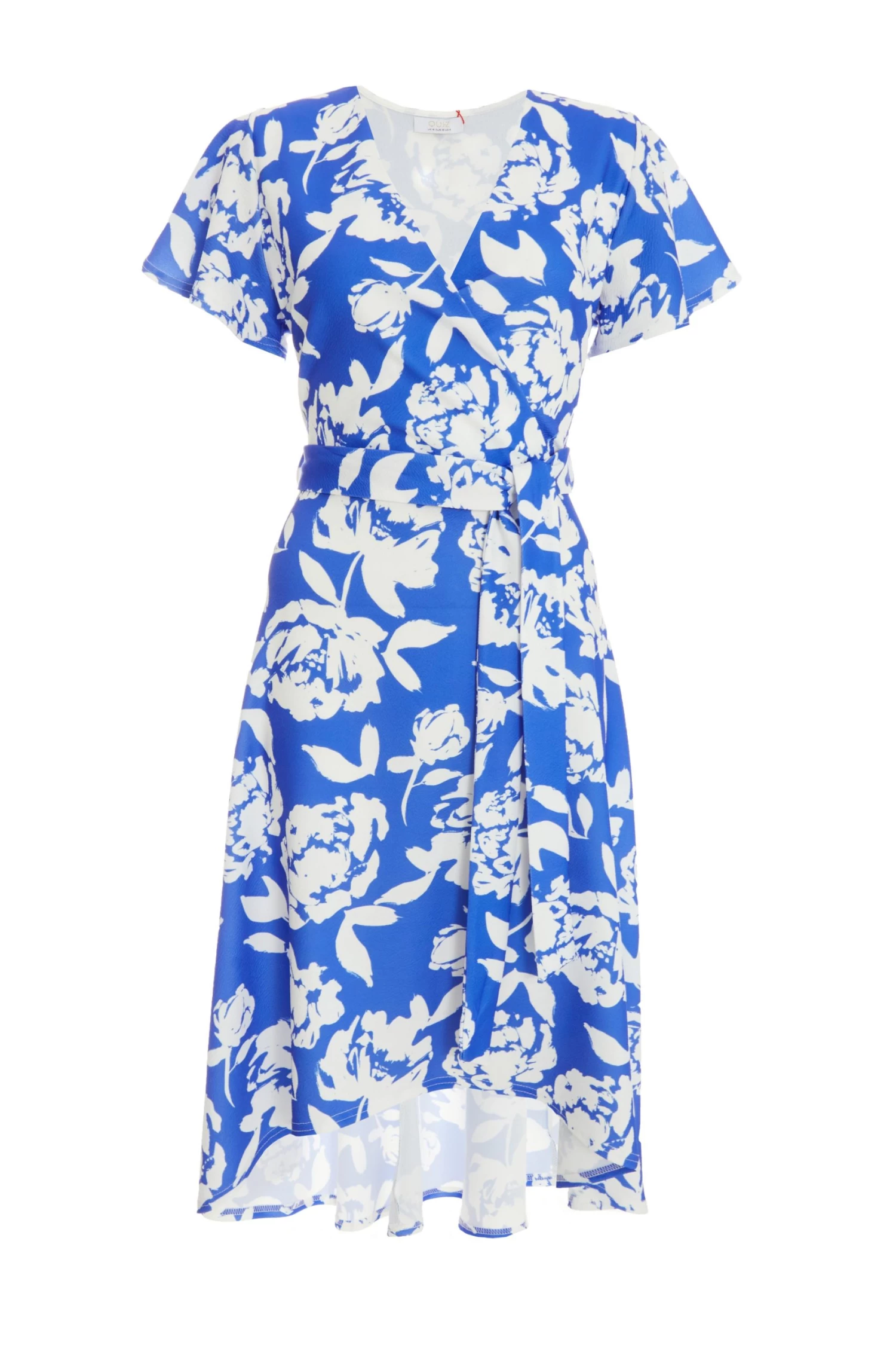 Blue Floral Wrap Dip Hem Midi Dress 1 Blue Floral Wrap Dip Hem Midi Dress