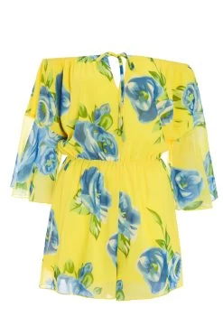 Yellow Floral Bardot Playsuit -Women Clothing Sale 00100038365 ZM