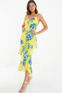 Yellow Floral Midaxi Dress -Women Clothing Sale 00100038367 XS