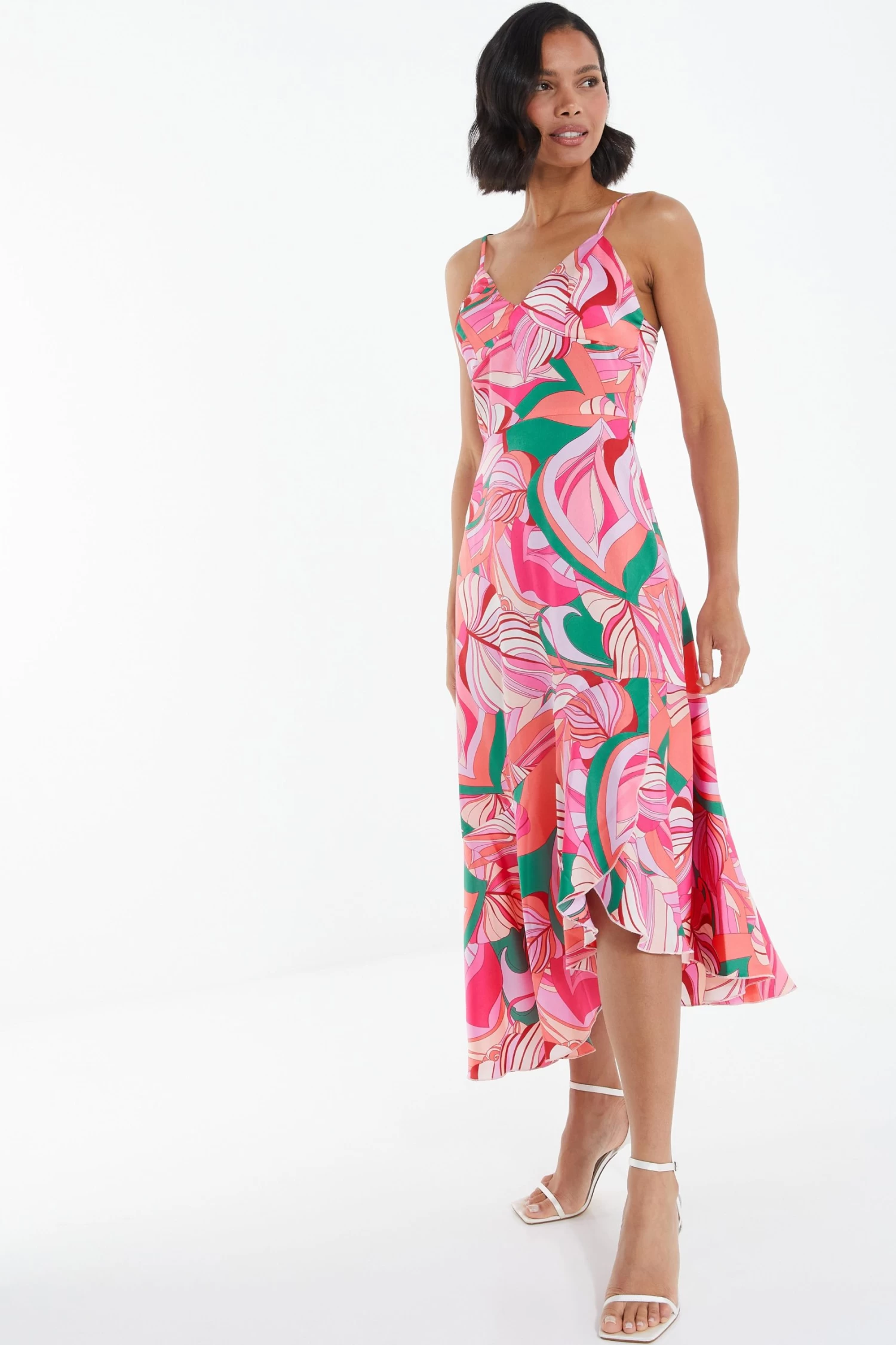 Pink Scarf Print Frill Midi Dress 4 Pink Scarf Print Frill Midi Dress - Image 4