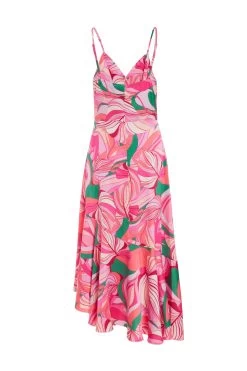 Pink Scarf Print Frill Midi Dress 10 Pink Scarf Print Frill Midi Dress -Women Clothing Sale 00100038368 ZB