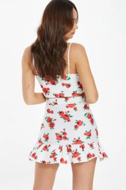 White Floral Ruched Mini Skirt -Women Clothing Sale 00100038372 XB