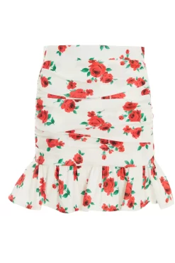White Floral Ruched Mini Skirt