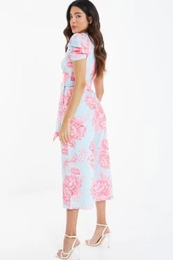 Blue Floral Wrap Culotte Jumpsuit -Women Clothing Sale 00100038385 XB