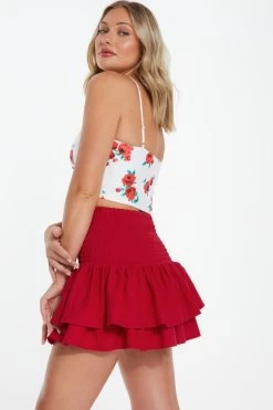 Red Ruched Frill Mini Skirt -Women Clothing Sale 00100038420 XB