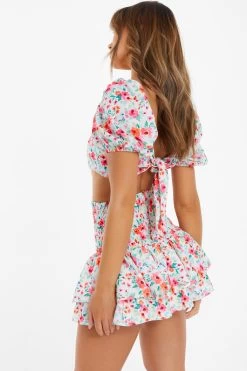 White Ditsy Floral Ruched Mini Skirt -Women Clothing Sale 00100038422 XS