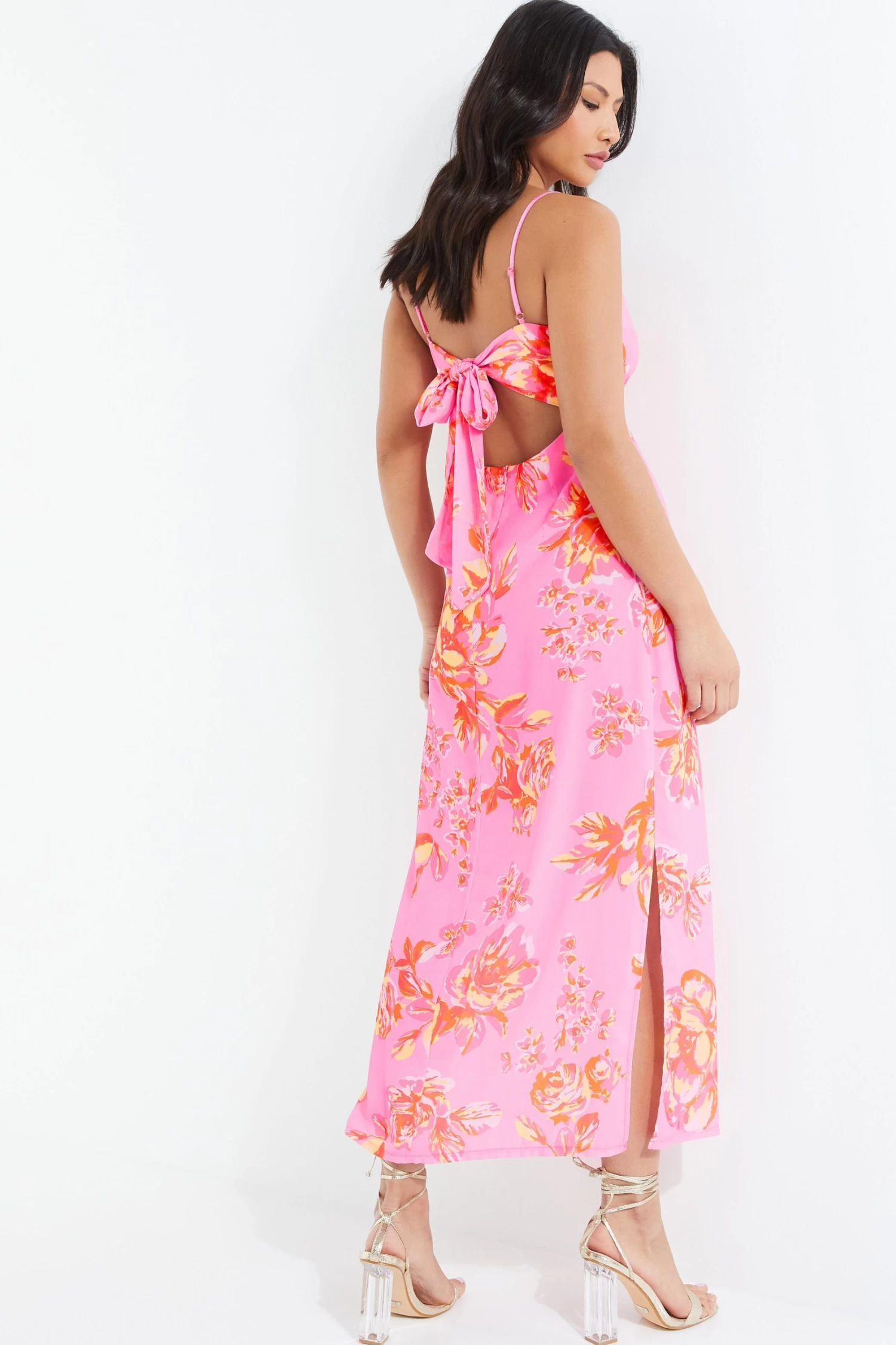 Pink Floral Print Tie Back Midi Dress 3 Pink Floral Print Tie Back Midi Dress - Image 3