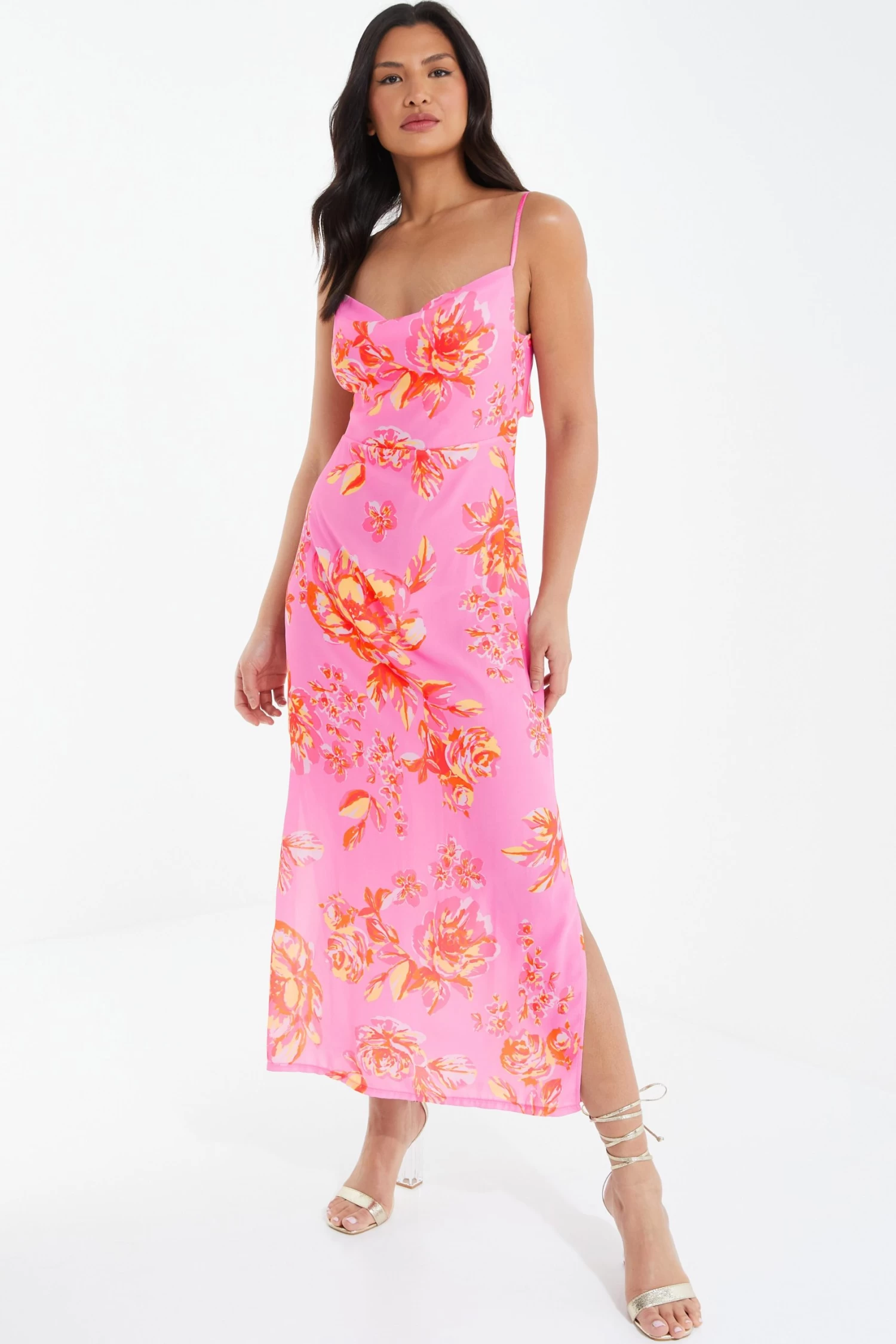 Pink Floral Print Tie Back Midi Dress 2 Pink Floral Print Tie Back Midi Dress - Image 2