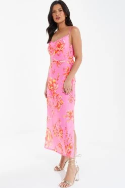 Pink Floral Print Tie Back Midi Dress 9 Pink Floral Print Tie Back Midi Dress -Women Clothing Sale 00100038433 XS
