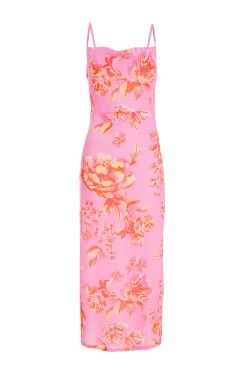 Pink Floral Print Tie Back Midi Dress