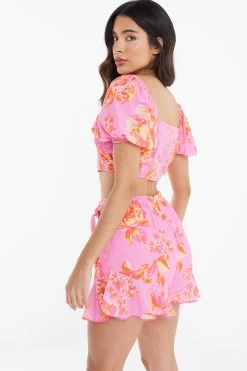 Pink Floral Print Shorts -Women Clothing Sale 00100038452 XB